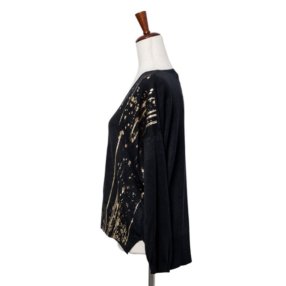 Women's Dressy Black Sweater One Size V-Neck Gold Paint Stroke NWT Bella Amore - Picture 3 of 4